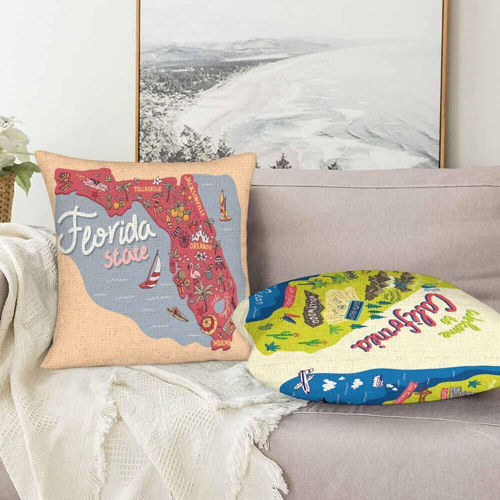 4914 Cute Map Throw Pillow Covers Set of 2,Travel and Attractions Map of - Picture 6 of 7